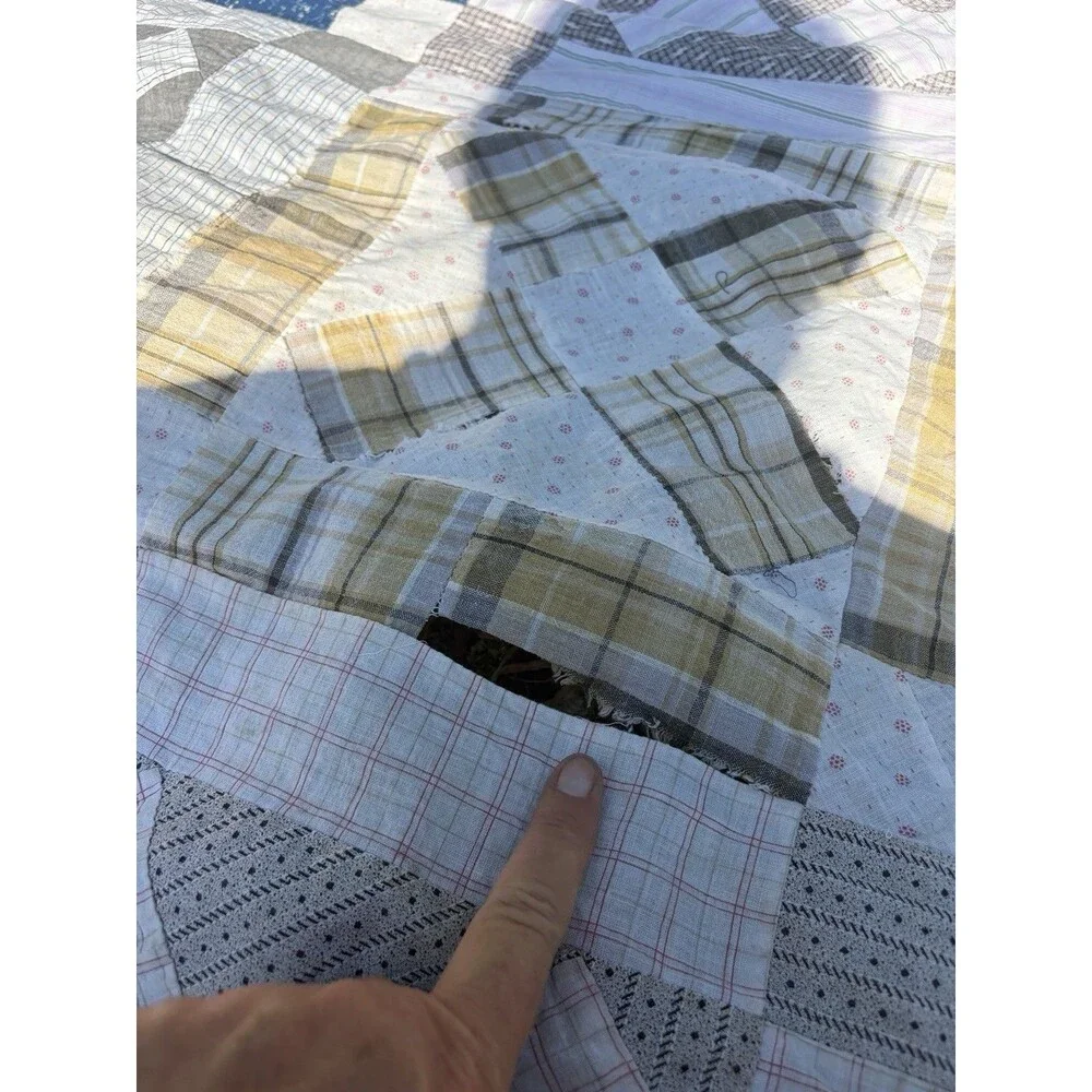 Early 1900’s Hand Stitched Quilt Top Only Shirt Fabric Feed Sack Cotton 74x 61